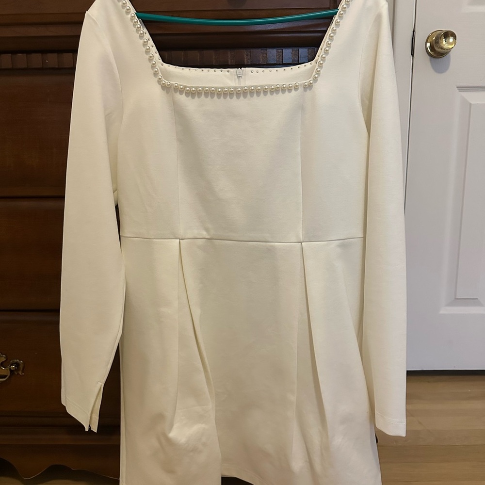 Elegant Cream Long Sleeve Dress with Pearl Accents